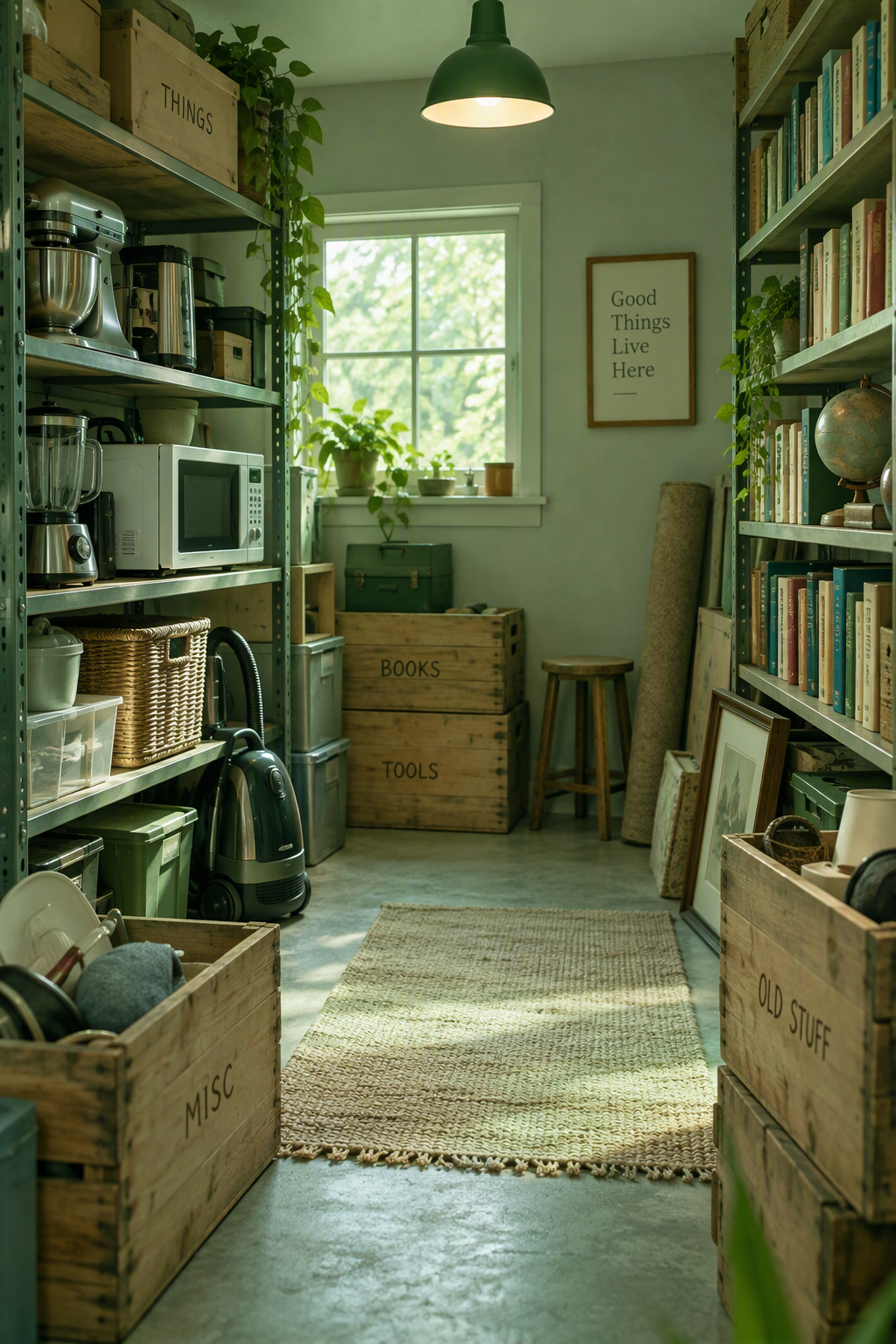 A welcoming, organised storage room with labelled crates, shelves, household items and books.