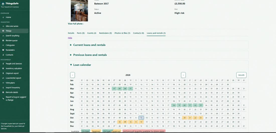 Web loan calendar showing which days an item is on loan or reserved