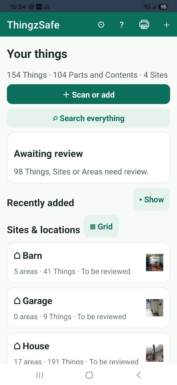 ThingzSafe android inventory overview screen
