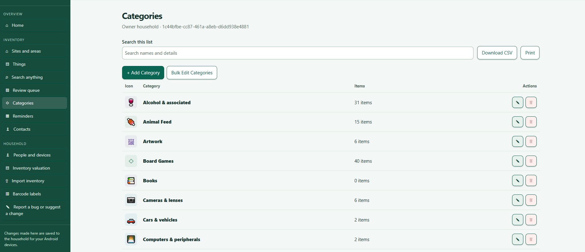 ThingzSafe web categories screen