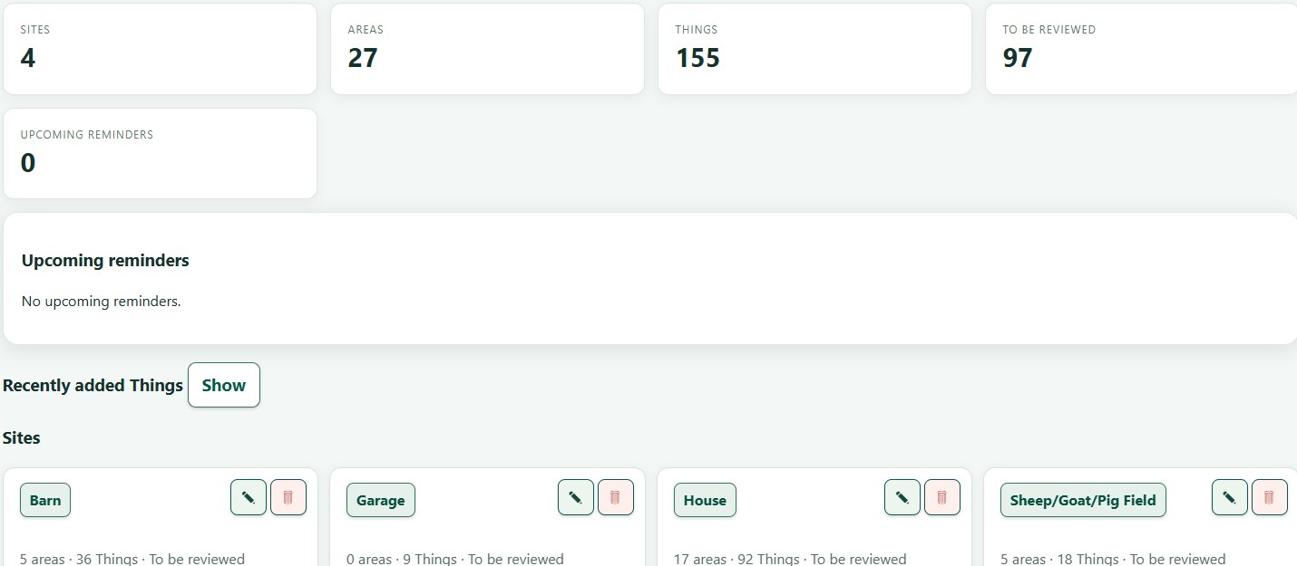 ThingzSafe web inventory overview screen
